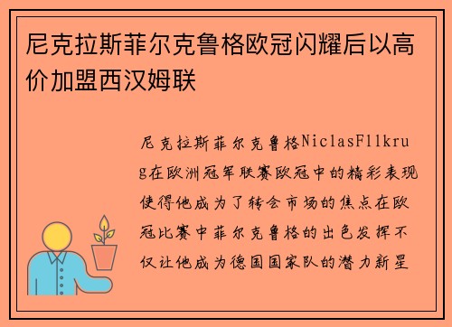 尼克拉斯菲尔克鲁格欧冠闪耀后以高价加盟西汉姆联
